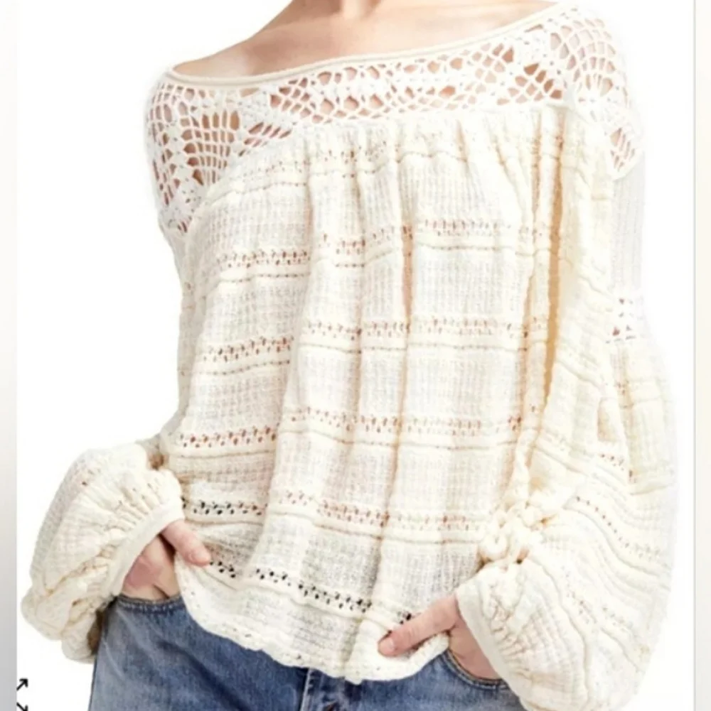 Free People Someday Crochet Sweater Ivory Oversized Linen Blend XS